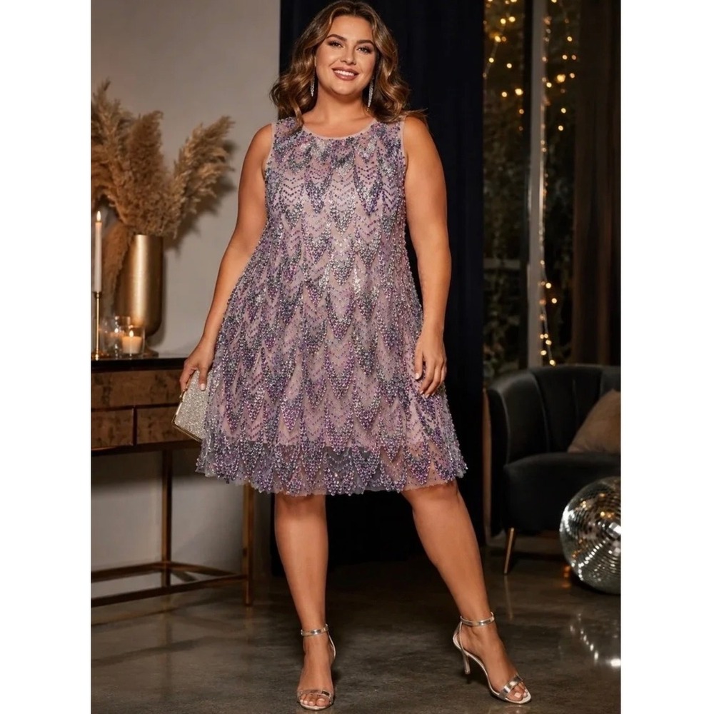 Torrid Sequin Mesh Shift Dress Womens 2X Purple Scalloped Cocktail Party
